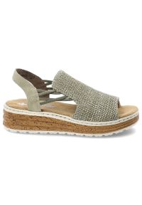 Sandały damskie Rieker, cholewka z materiału tekstylnego o plecionej strukturze odkrytą piętą na lekkiej platformowej podeszwie, zielone, 62741-52. Kolor: zielony. Materiał: materiał #7