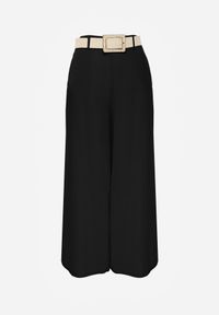Renee - Czarne Spodnie High Waist Wide Leg z Wiskozą z Plecionym Paskiem Aridine. Okazja: na co dzień. Stan: podwyższony. Kolor: czarny. Materiał: wiskoza. Styl: elegancki, casual #8