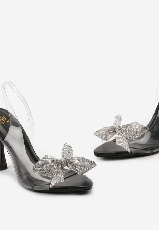 Born2be - Czarne Sandały na Szpilce z Transparentną Cholewką i Kokardką z Cyrkoniami Loopa. Kolor: czarny. Obcas: na szpilce. Styl: elegancki