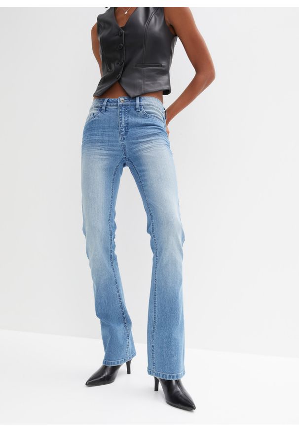 bonprix - Dżinsy Flared, Mid Waist, ze stretchem. Kolor: niebieski
