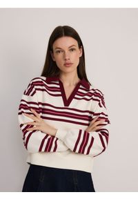 Reserved - Bluza w paski z kołnierzykiem - wielobarwny. Materiał: dzianina, bawełna. Wzór: paski