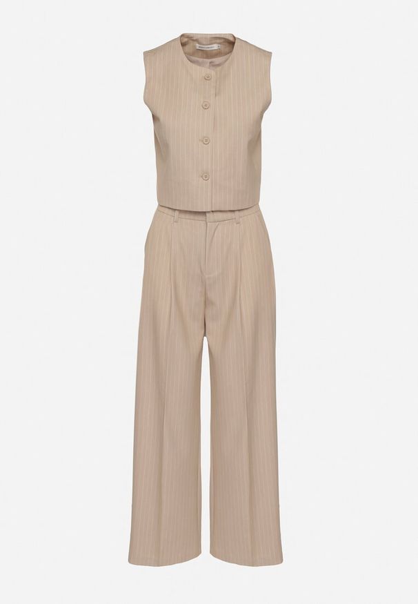 Born2be - Jasnobeżowy Garniturowy Komplet z Wiskozą Kamizelka i Szerokie Spodnie Lirasienne. Kolor: beżowy. Materiał: wiskoza