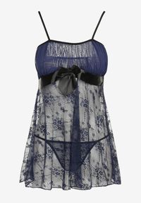 Renee - Granatowa Koronkowa Koszula Nocna i Stringi z Kokardą Ericana. Kolor: niebieski. Materiał: koronka #6