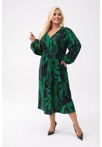 Moda Size Plus Iwanek - Zielona sukienka Gabriela - elegancja w nowoczesnej formie w geometryczny wzór PLUS SIZE XXL OVERSIZE. Okazja: na co dzień. Kolekcja: plus size. Kolor: zielony. Wzór: geometria. Typ sukienki: dla puszystych, oversize. Materiał: tkanina, poliester, elastan, materiał. Długość rękawa: długi rękaw. Sezon: jesień. Styl: klasyczny, casual, elegancki. Długość: midi