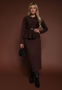 Renee - Brązowy Elegancki Komplet Garniturowy z Wiskozą Taliowana Marynarka i Spódnica Zaite. Kolor: brązowy. Materiał: wiskoza. Wzór: aplikacja