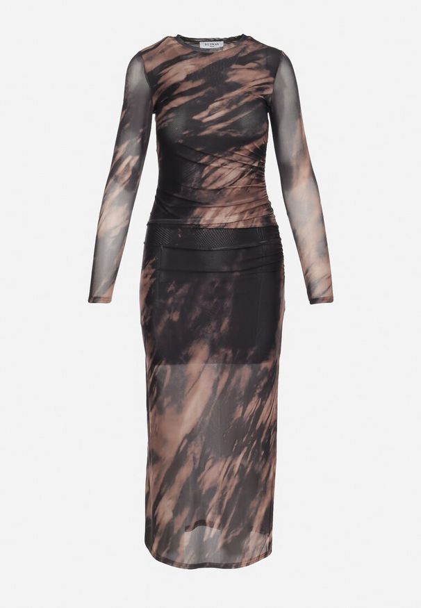 Born2be - Czarno-Beżowa Dopasowana Sukienka Długa z Siateczki z Rozcięciem na Boku Nethys. Kolor: czarny. Materiał: wiskoza. Styl: elegancki. Długość: maxi