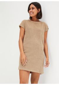 bonprix - Sukienka shirtowa z frottee. Kolor: brązowy. Długość rękawa: krótki rękaw