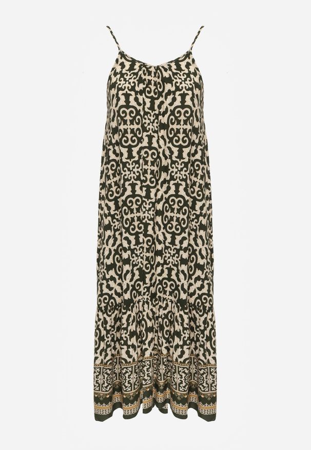 Renee - Ciemnozielona Rozkloszowana Sukienka z Bawełny na Cienkich Ramiączkach Nellmaira. Okazja: na imprezę. Kolor: zielony. Materiał: bawełna. Długość rękawa: na ramiączkach. Sezon: lato