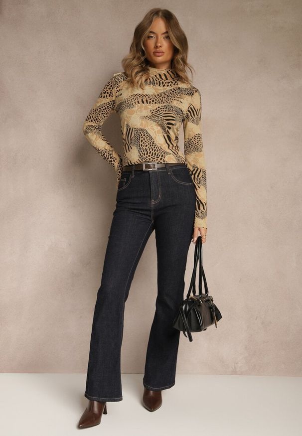 Renee - Brązowo-Czarna Bluzka Longsleeve z Bawełny z Półgolfem i Panterkowym Printem Unalla. Kolor: brązowy. Materiał: bawełna. Długość rękawa: długi rękaw. Wzór: nadruk