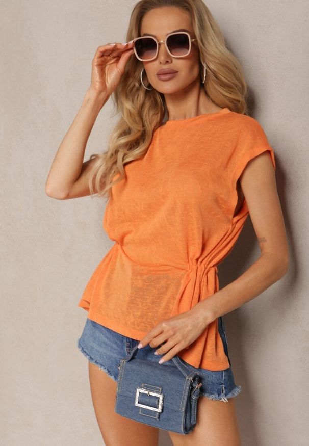 Renee - Pomarańczowy Top z Regulacją w Talii i Wiązaniem na Dole z Rozcięciem na Plecach Tiimaelin. Okazja: na co dzień. Kolor: pomarańczowy. Materiał: jeans. Styl: sportowy, casual, elegancki, wizytowy