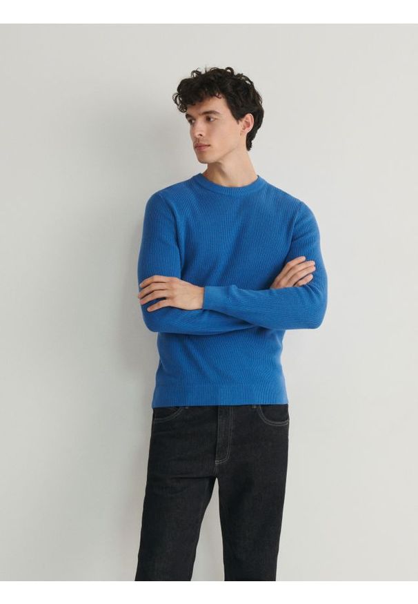 Reserved - Bawełniany sweter - niebieski. Kolor: niebieski. Materiał: bawełna