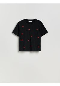 Reserved - T-shirt z haftem - czarny. Kolor: czarny. Materiał: bawełna, dzianina. Wzór: haft