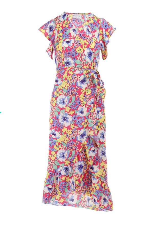 Born2be - Fuksjowa Sukienka Cileda. Okazja: na plażę. Kolor: różowy. Materiał: tkanina. Wzór: kwiaty. Typ sukienki: kopertowe. Styl: wakacyjny. Długość: midi