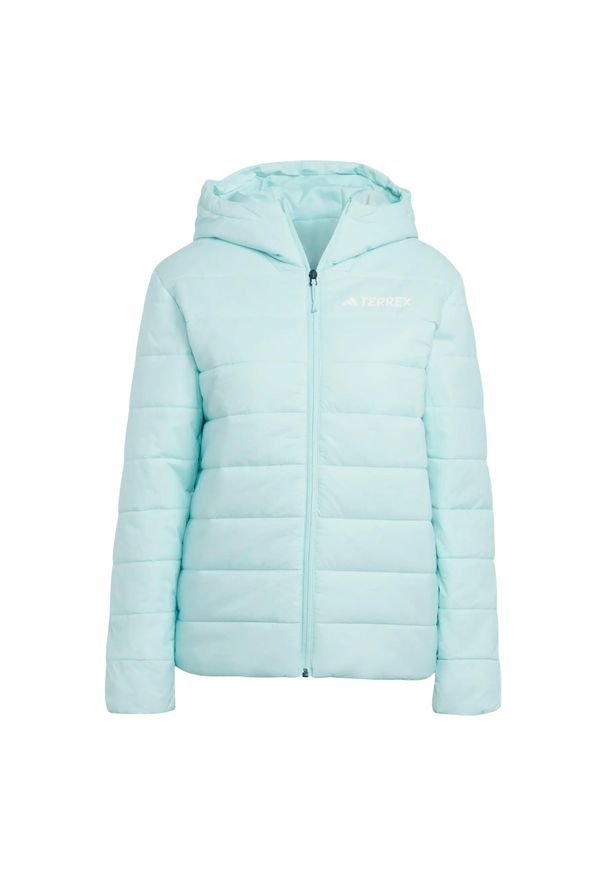 Adidas - Damska kurtka z kapturem adidas Terrex Multi Essentials 2. Typ kołnierza: kaptur. Kolor: niebieski. Materiał: puch. Sport: turystyka piesza