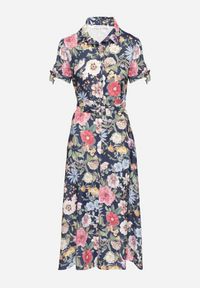 Born2be - Granatowa Rozkloszowana Sukienka o Koszulowym Kroju z Paskiem w Kwiatowy Wzór Fevelorine. Okazja: na co dzień. Kolor: niebieski. Wzór: kwiaty. Typ sukienki: koszulowe. Styl: casual #3