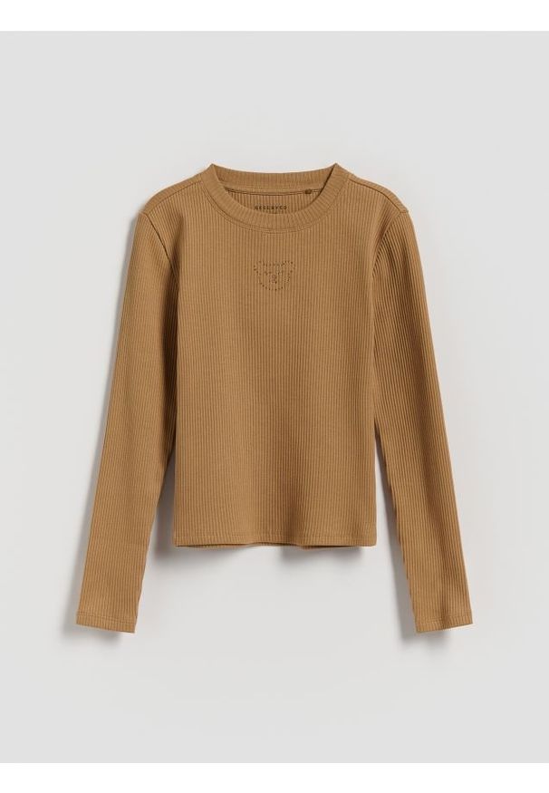 Reserved - Prążkowana bluzka z aplikacją - beżowy. Kolor: beżowy. Materiał: prążkowany. Wzór: aplikacja