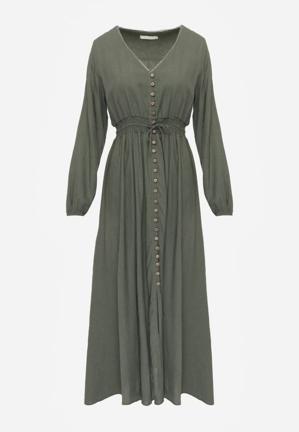 Renee - Zielona Sukienka z Lnem i Wiskozą o Rozkloszowanym Kroju z Ozdobnymi Guzikami Maitena. Okazja: na co dzień. Typ kołnierza: dekolt w kształcie V. Kolor: zielony. Materiał: wiskoza, len. Długość rękawa: długi rękaw. Typ sukienki: rozkloszowane. Styl: elegancki, casual