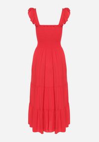 Born2be - Czerwona Rozkloszowana Bawełniana Sukienka na Ramiączkach z Gumkami i Falbanką Mevesta. Okazja: na spacer. Typ kołnierza: kołnierz z falbankami, dekolt kwadratowy. Kolor: czerwony. Materiał: bawełna. Długość rękawa: na ramiączkach #5