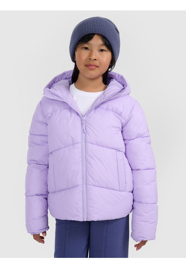 4f - 4F Kurtka puchowa z wypełnieniem syntetycznym dziewczęca - fioletowa 146 (10-11 lat). Kolor: fioletowy. Materiał: syntetyk, puch. Wzór: gładki. Sezon: lato