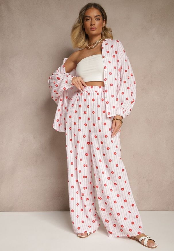 Renee - Różowe Szerokie Spodnie High Waist z Bawełny z Gumką w Talii Ranivaria. Okazja: na co dzień. Stan: podwyższony. Kolor: różowy. Materiał: bawełna. Wzór: kwiaty. Sezon: lato, wiosna. Styl: casual, elegancki