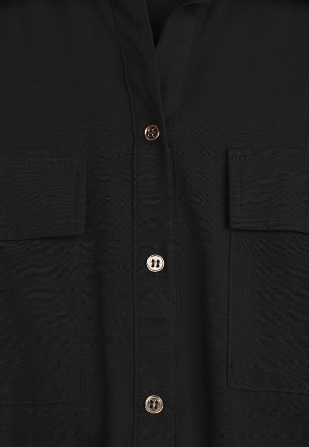 Born2be - Czarny Bawełniano-Wiskozowy Kombinezon Koszulowy Bez Rękawów z Baskinką Marmaya. Okazja: na co dzień. Kolor: czarny. Materiał: wiskoza, bawełna. Długość rękawa: bez rękawów. Styl: elegancki, klasyczny, casual