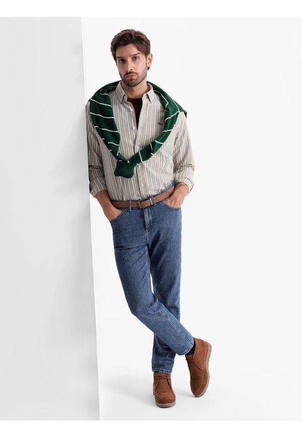 Ombre Clothing - Bawełniana koszula męska REGULAR FIT w drobne paski – beżowa V1 - Rozmiar: L. Kolor: beżowy. Materiał: bawełna. Wzór: paski. Styl: klasyczny