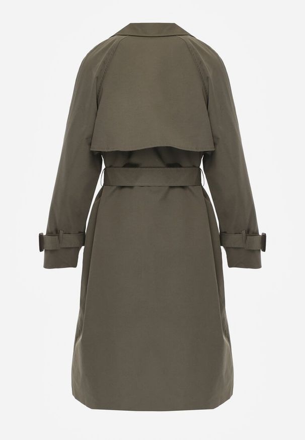 Renee - Zielony Dwurzędowy Płaszcz Trencz z Paskiem Ninnolia. Okazja: do pracy, na spacer. Kolor: zielony. Materiał: jeans. Wzór: aplikacja. Styl: elegancki, klasyczny