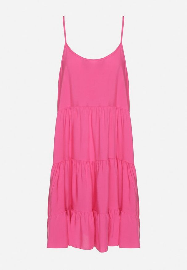 Born2be - Fuksjowa Rozkloszowana Sukienka z Bawełny na Ramiączkach z Falbanami Lilivane. Okazja: na spacer, na co dzień. Kolor: różowy. Materiał: bawełna. Długość rękawa: na ramiączkach. Sezon: wiosna, lato. Typ sukienki: proste. Styl: casual