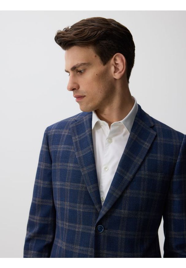 Reserved - Marynarka slim fit w kratę - granatowy. Kolor: niebieski. Materiał: wiskoza, tkanina