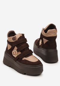 Born2be - Beżowo-Brązowe Botki Vices w Stylu Sneakersów na Platformie Afirriva. Okazja: na co dzień. Zapięcie: rzepy. Kolor: beżowy. Materiał: jeans. Wzór: aplikacja. Obcas: na platformie. Styl: retro, casual, klasyczny. Wysokość obcasa: średni #6