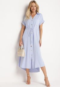 Born2be - Niebieska Koszulowa Sukienka z Krótkim Rękawem Zapinana na Guziki z Materiałowym Paskiem Piantia. Okazja: na imprezę, na co dzień. Kolor: niebieski. Materiał: materiał. Długość rękawa: krótki rękaw. Sezon: lato, wiosna. Typ sukienki: koszulowe. Styl: casual, elegancki