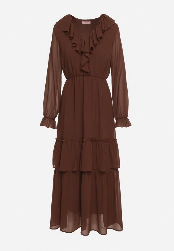 Born2be - Brązowa Siateczkowa Sukienka VICES o Rozkloszowanym Kroju z Falbanami Arevite. Typ kołnierza: dekolt w kształcie V. Kolor: brązowy. Typ sukienki: rozkloszowane. Styl: klasyczny