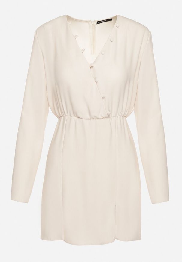 Born2be - Jasnobeżowa Dopasowana Sukienka z Gumką w Pasie Zapinana na Guziki Dimma. Okazja: na co dzień. Kolor: beżowy. Długość rękawa: długi rękaw. Styl: casual, wizytowy