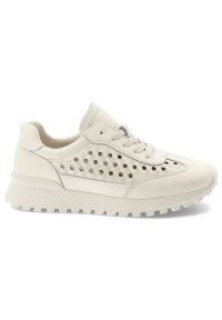 Sneakersy damskie Vinceza, cholewka ze skóry naturalnej z klasycznym sznurowaniem i ażurowymi wstawkami po bokach osadzone na lekkiej podeszwie z bie. Okazja: na co dzień. Zapięcie: sznurówki. Kolor: biały. Materiał: skóra. Szerokość cholewki: normalna. Wzór: ażurowy #9