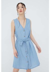 Vero Moda Sukienka mini rozkloszowana. Kolor: niebieski. Materiał: tkanina, jedwab, materiał, lyocell. Typ sukienki: rozkloszowane. Długość: mini #1