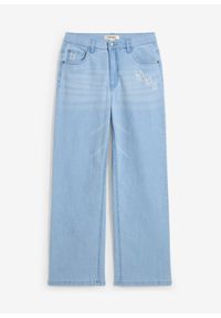 bonprix - Dżinsy Wide Leg, mid waist. Kolor: niebieski. Wzór: haft #1
