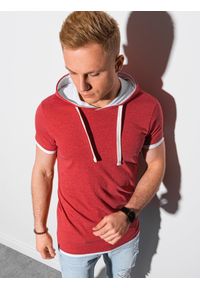 Ombre Clothing - T-shirt męski z kapturem bez nadruku S1376 - czerwony melanż - XXL. Okazja: na co dzień. Typ kołnierza: kaptur. Kolor: czerwony. Materiał: bawełna, jersey, dzianina. Wzór: melanż. Styl: klasyczny, casual