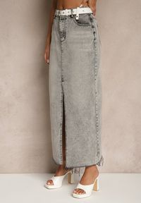 Renee - Ciemnoszara Spódnica Jeansowa o Ołówkowym Kroju Zdobiona Rozcięciem Lisovira. Kolor: szary. Materiał: jeans. Wzór: aplikacja #3
