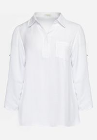 Born2be - Biała Bluzka Koszulowa z Kołnierzykiem i Wsuwaną Kieszonką Tafeta. Kolor: biały. Materiał: jeans. Długość rękawa: długi rękaw. Długość: długie. Styl: klasyczny, elegancki #5