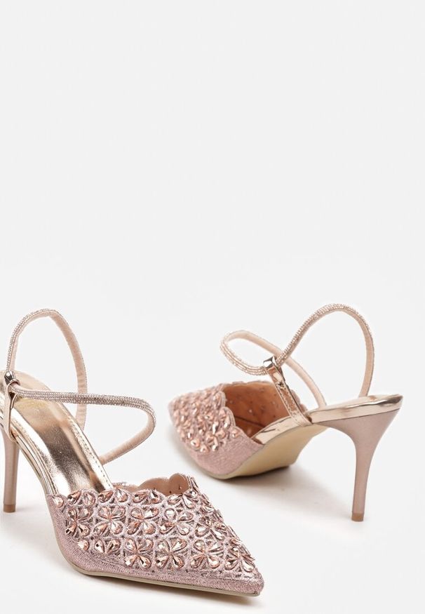 Renee - Szampańskie Sandały na Szpilce Slingback z Cyrkoniami Dimte. Okazja: na co dzień. Kolor: złoty. Wzór: aplikacja. Obcas: na szpilce. Styl: wizytowy, elegancki, casual. Wysokość obcasa: wysoki