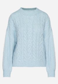 Born2be - Niebieski Sweter z Wełną Zdobiony Warkoczowym Splotem Lakkaria. Okazja: na co dzień. Kolor: niebieski. Materiał: wełna. Długość rękawa: długi rękaw. Długość: długie. Wzór: aplikacja, ze splotem. Styl: elegancki, casual #2