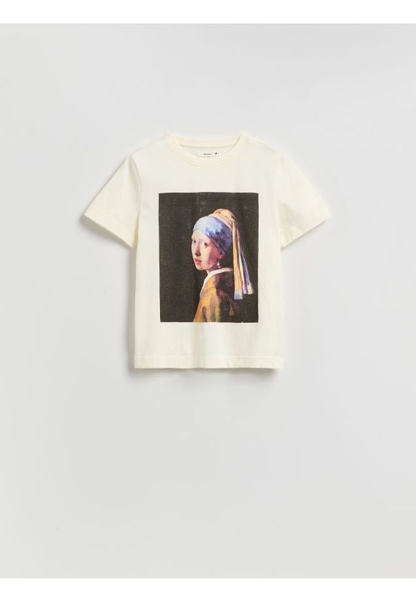 Reserved - T-shirt z nadrukiem - kremowy. Kolor: kremowy. Materiał: bawełna, dzianina. Wzór: nadruk. Styl: klasyczny