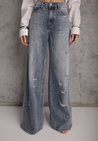 Renee - Niebieskie Szerokie Jeansy Palazzo z Bawełny z Dziurami i Przetarciami Erilenna. Okazja: na co dzień. Stan: podwyższony. Kolor: niebieski. Styl: casual, elegancki #4