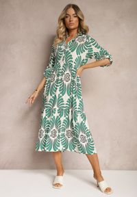 Renee - Zielono-Biała Wiskozowa Sukienka Zapinana na Guziki z Regulowanymi Rękawami Biatalia. Okazja: na spacer, na co dzień, na imprezę. Kolor: zielony. Materiał: wiskoza. Styl: elegancki, casual #3