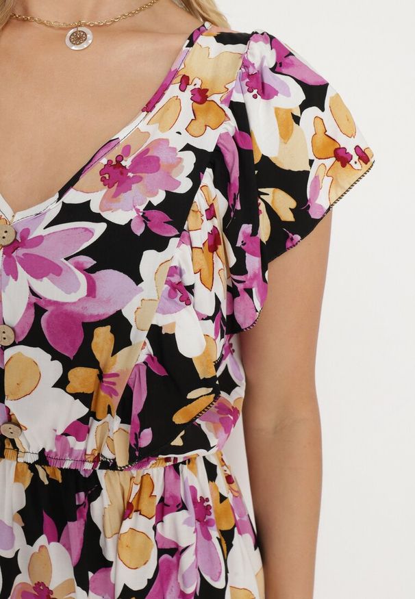 Born2be - Czarno-Różowa Rozkloszowana Sukienka z Bawełny w Kwiaty z Gumką w Talii z Falbankami Nelsara. Okazja: na co dzień. Typ kołnierza: kołnierz z falbankami. Kolor: czarny. Materiał: bawełna. Długość rękawa: krótki rękaw. Wzór: kwiaty. Sezon: lato. Styl: casual