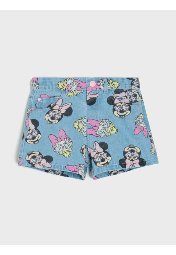 Sinsay - Szorty jeansowe Minnie Mouse - niebieski. Kolor: niebieski. Materiał: jeans. Wzór: motyw z bajki