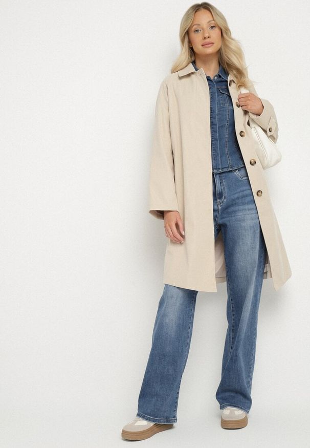 Born2be - Beżowy Płaszcz Jednorzędowy z Kołnierzykiem Ronisse. Okazja: na co dzień. Kolor: beżowy. Materiał: jeans. Styl: klasyczny, elegancki, casual
