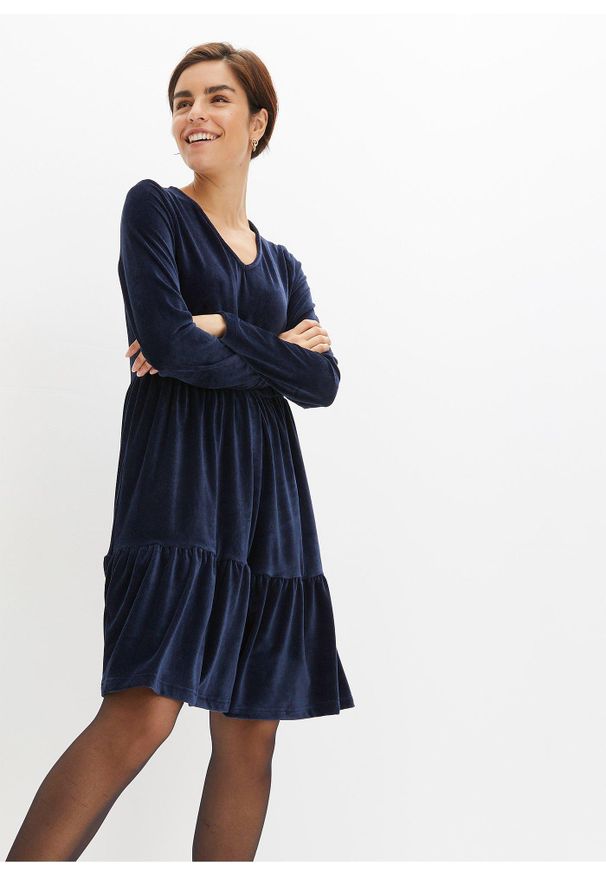 bonprix - Sukienka mini z elastycznego aksamitu. Kolor: niebieski. Materiał: sztruks. Długość: mini
