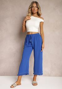Renee - Niebieskie Szerokie Spodnie High Waist z Gumką w Pasie Jolfea. Okazja: na co dzień. Stan: podwyższony. Kolor: niebieski. Materiał: tkanina. Styl: elegancki, casual