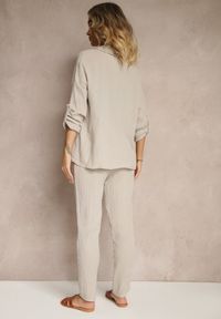 Renee - Beżowy Muślinowy Komplet z Bawełny Spodnie i Koszula z Regulowanymi Rękawami Janalise. Kolor: beżowy. Materiał: bawełna